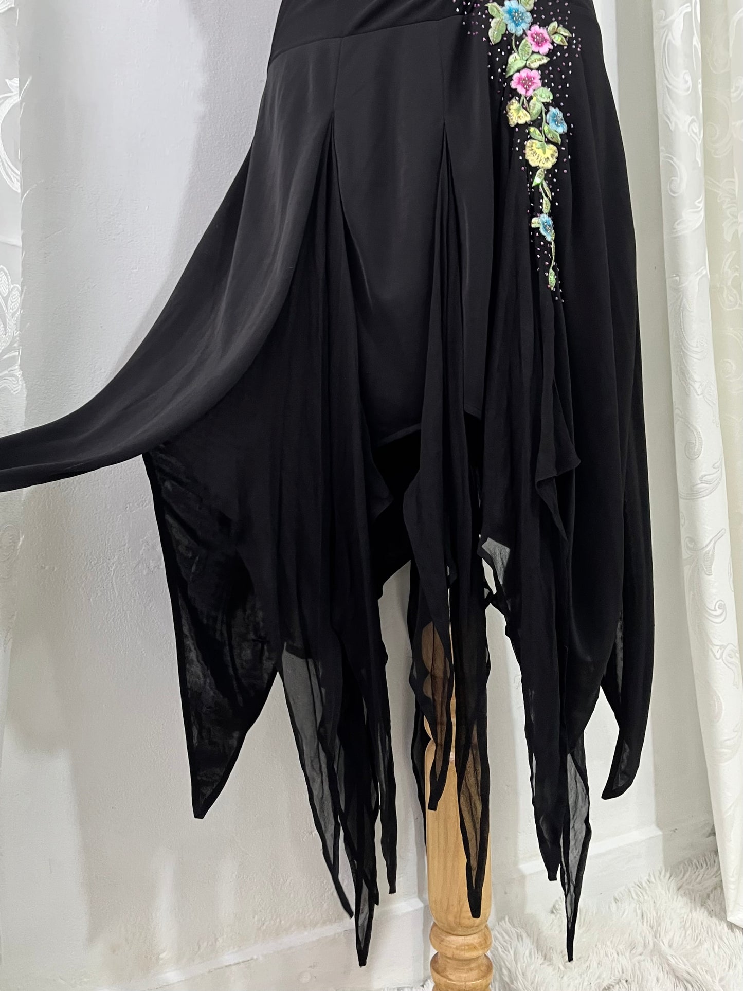 Halter gown with draped bodice featuring floral appliqué embroidered designs and asymmetrical silk point skirt-size XL