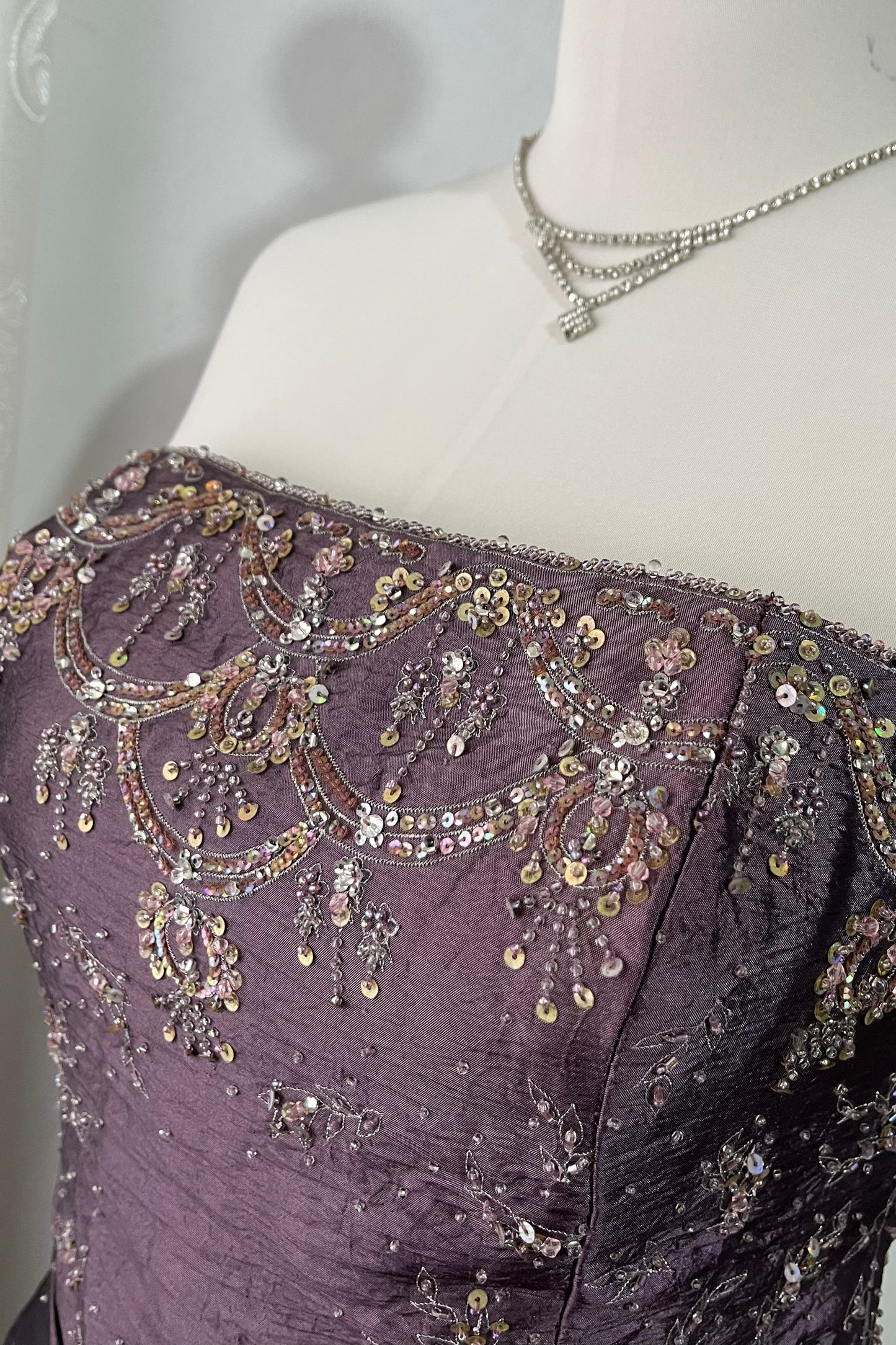 Vintage taffeta evening corset dress with hand embroidered embellishments and rhinestones
