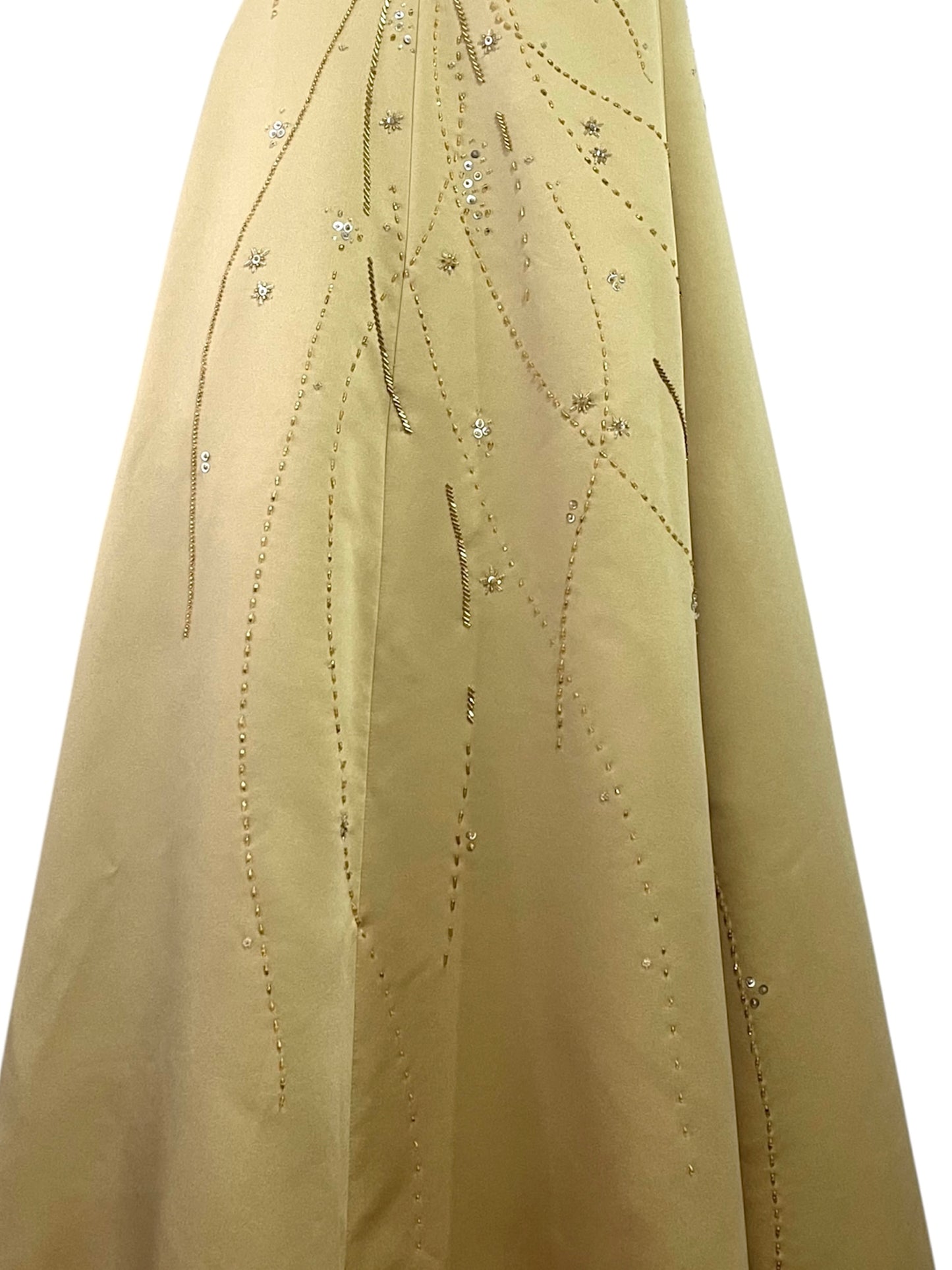 Champagne evening dress with exquisite handmade floral embroidery- size S