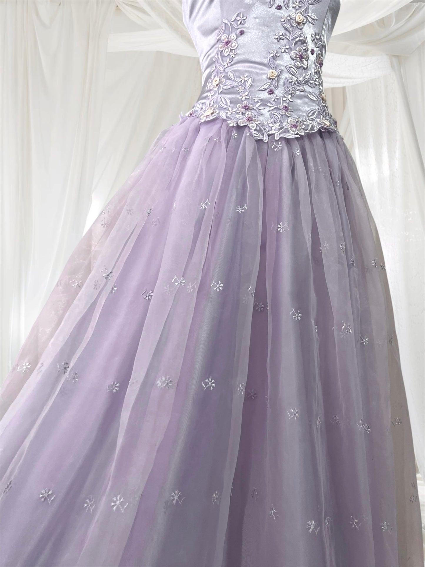 Lavender corset dress with floral embroidery