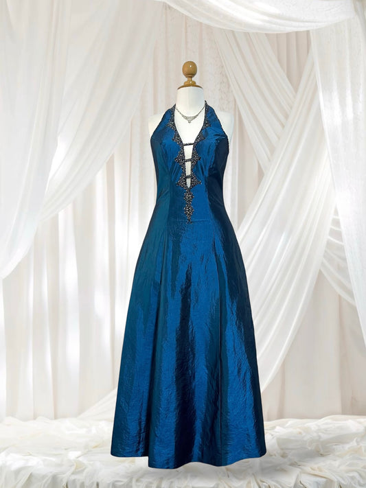 Vintage taffeta halter evening dress in teal with bead embroidery, embellishments and rhinestones - size M/L