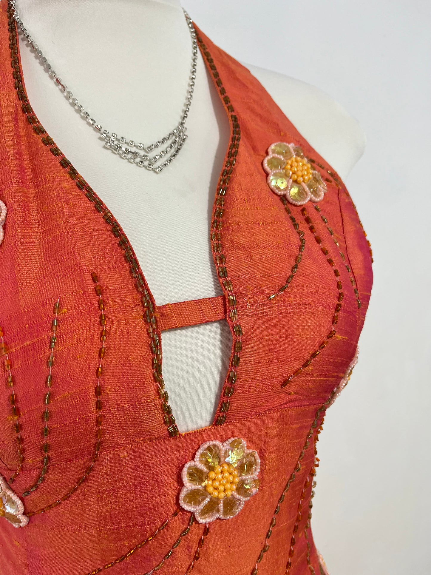 Vintage iridescent halter dress in silk shantung with rhinestone, sequin, and embellishment embroidery- size XS