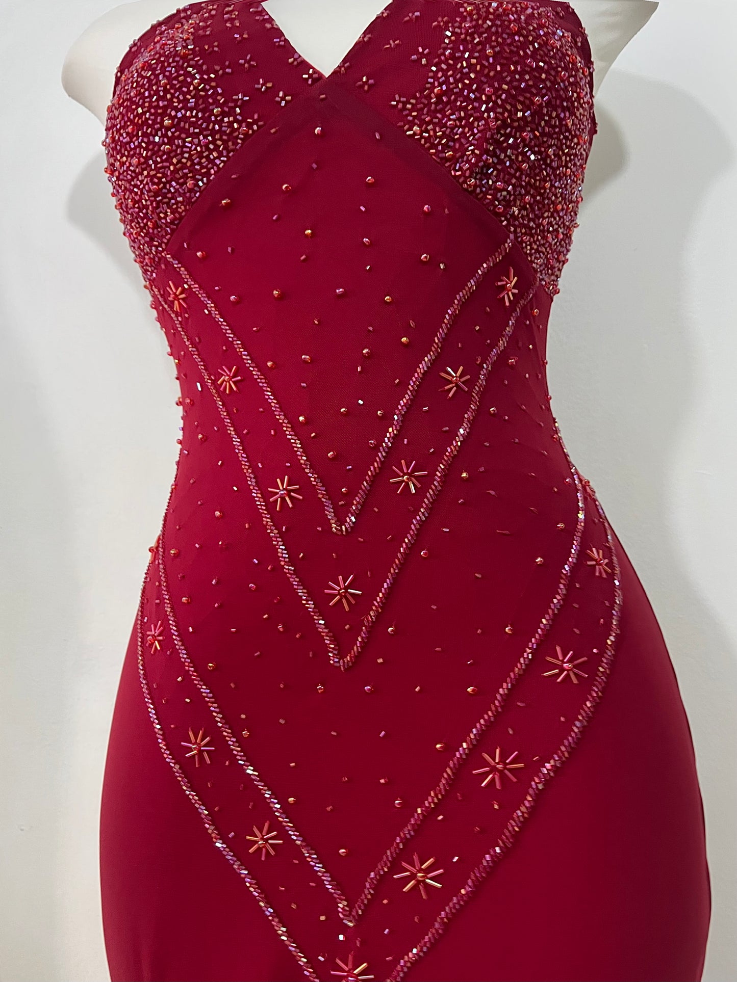 Red dress with rhinestone and fine sequin embroidery