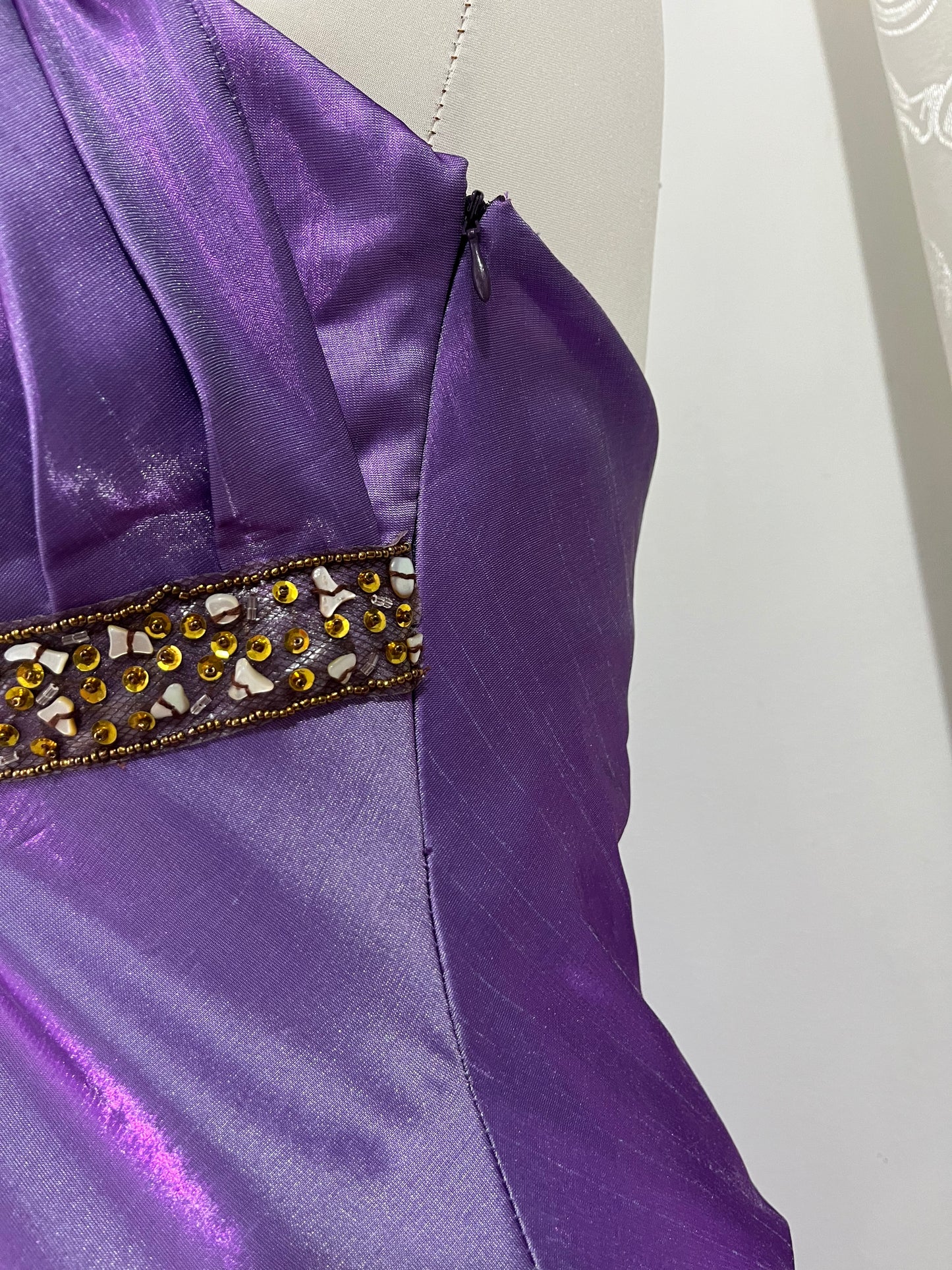 Iridescent purple gown with embellishments and hand embroidered rhinestones - Size M