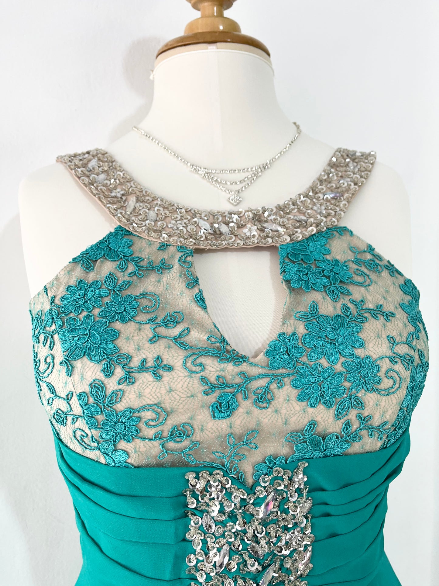 Emerald green gown corset gown with lace bodice and rhinestone details- size M