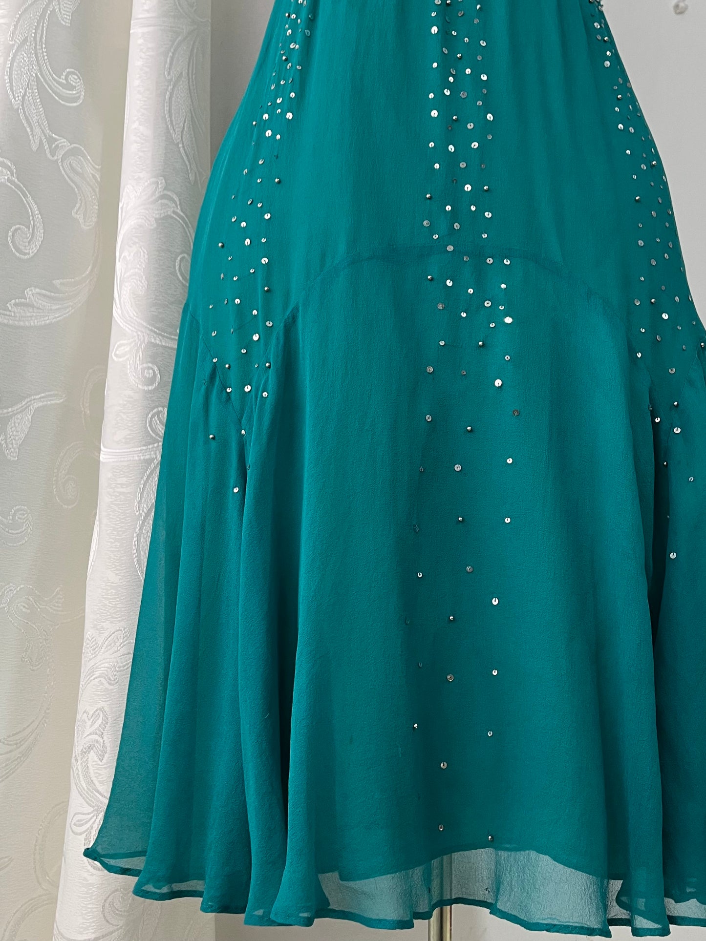 Teal silk dress with hand-embroidered sequins and rhinestones-one size: M