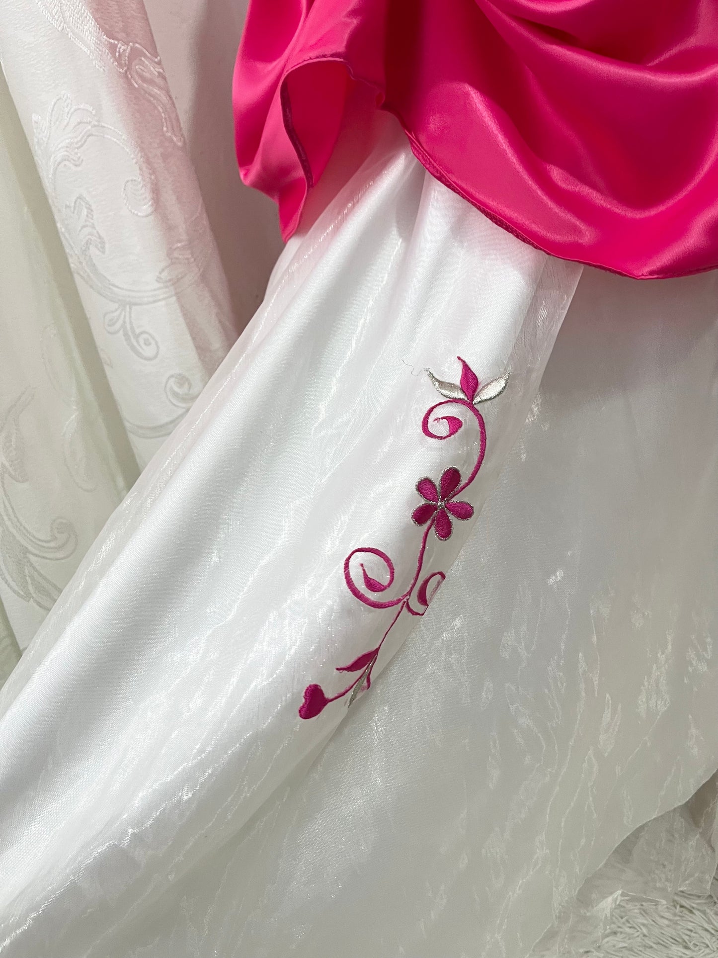 Fuchsia corset princess dress with floral embroidery, satin silk skirt with pearly chiffon lining- size XS