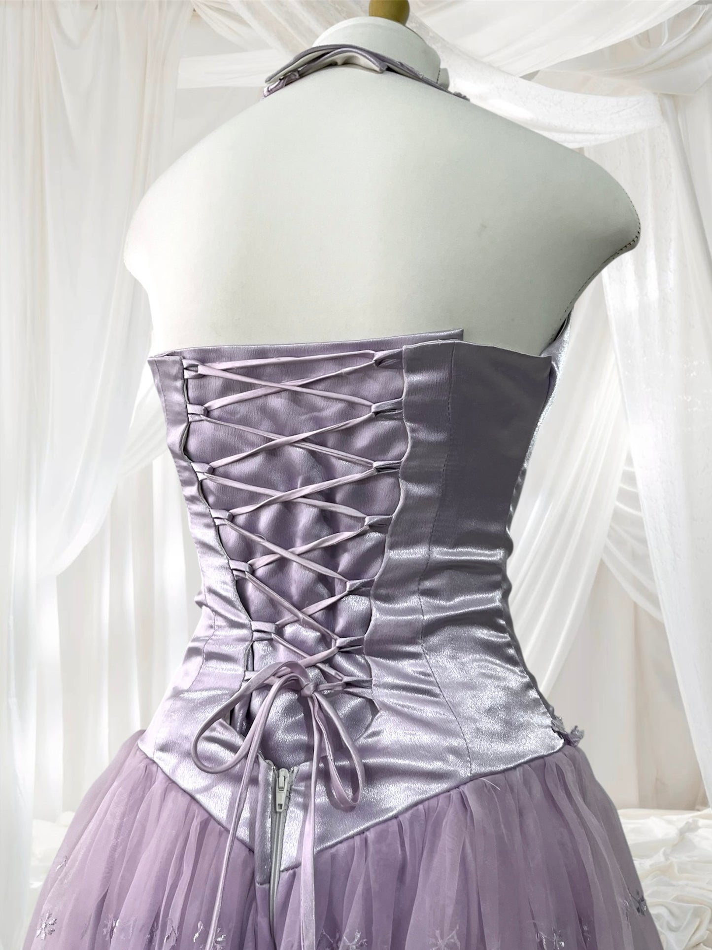 Lavender corset dress with floral embroidery