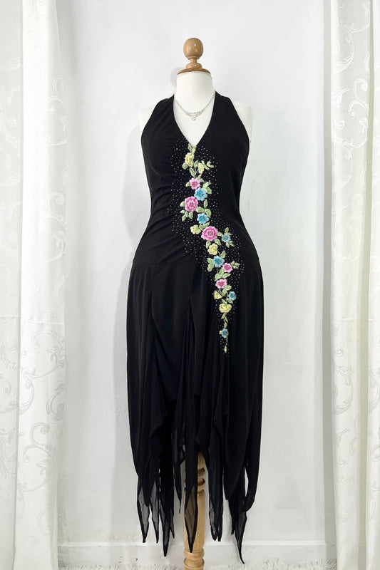 Halter gown with draped bodice featuring floral appliqué embroidered designs and asymmetrical silk point skirt-size XL