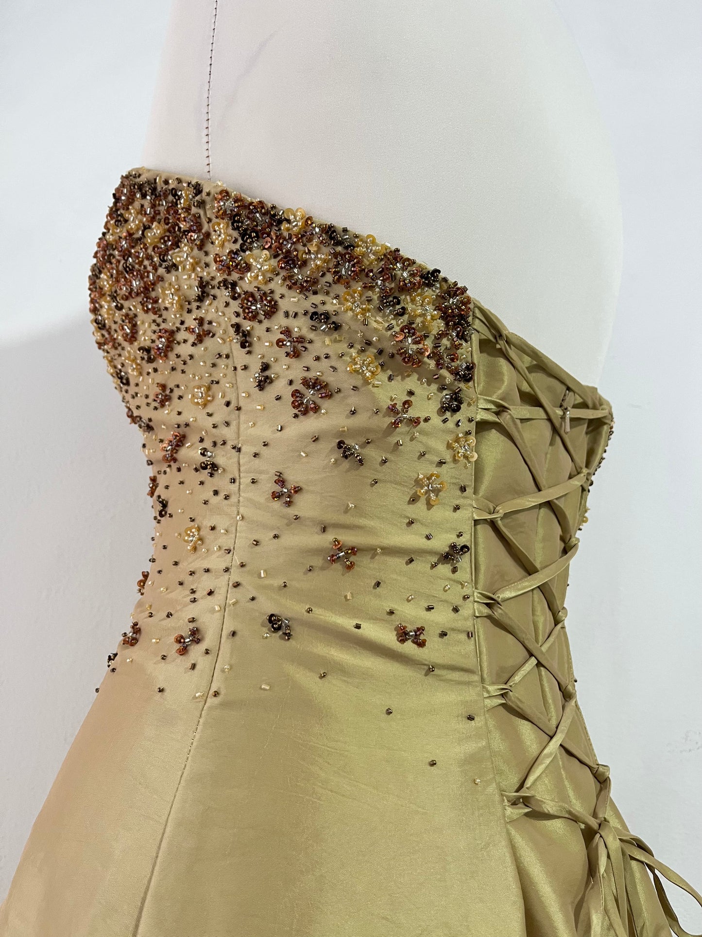 Champagne corset dress with fine sequins and hand embroidered embellishments-size M/L