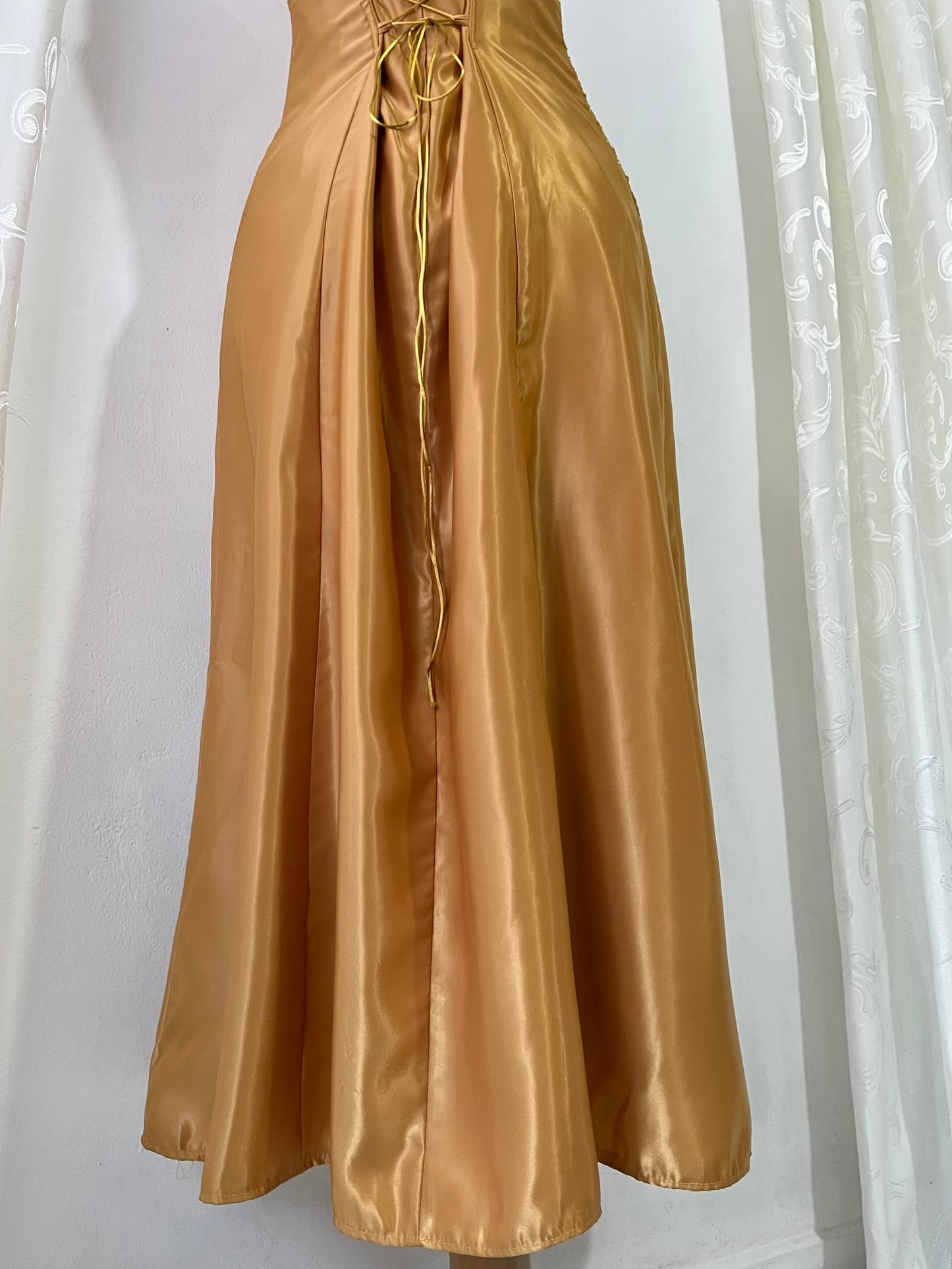 Honey yellow corset dress with hand embroidered rhinestones and beads-size L