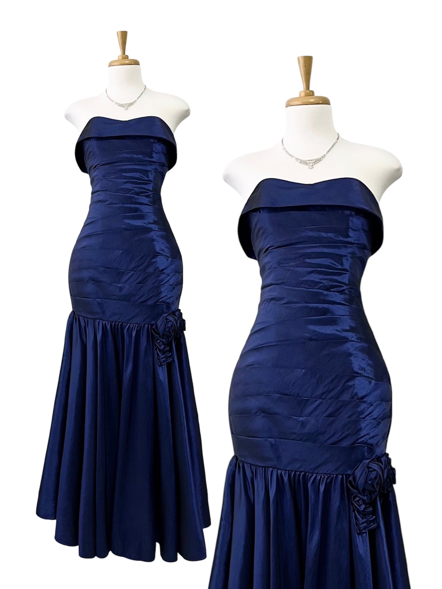 Vintage corset style dress in iridescent dark blue taffeta - size S/M