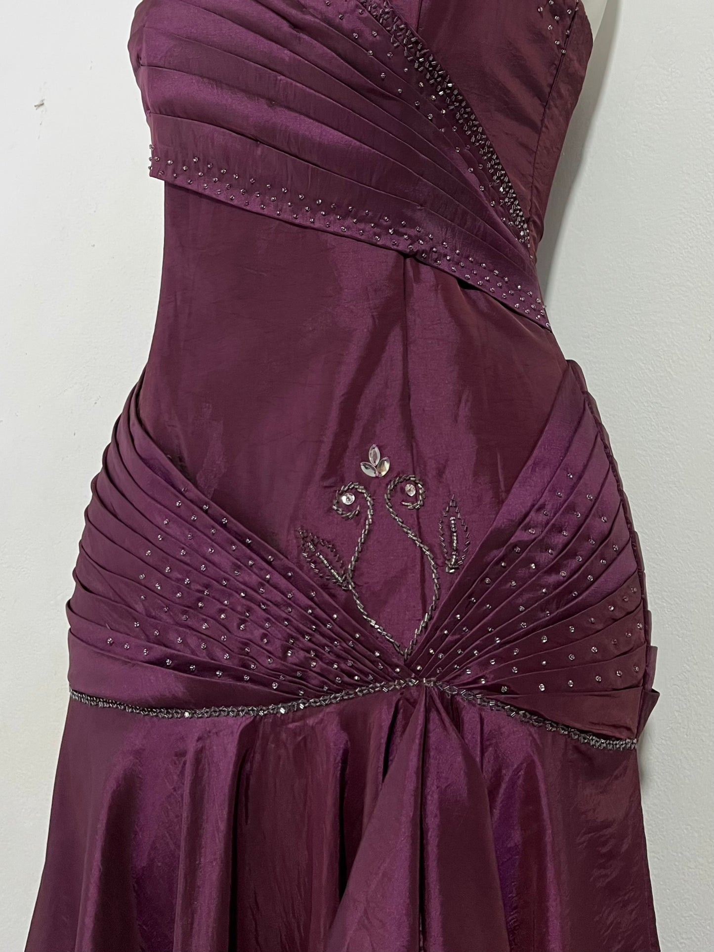 Iridescent wine purple taffeta corset dress with rhinestones and embroidered sequins- size M/L