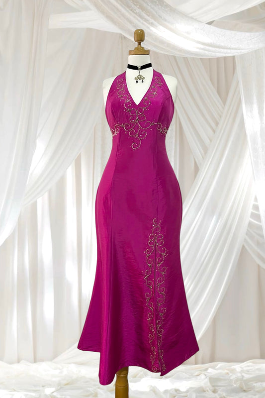 Fuchsia corset dress with exquisite hand sewn beadwork -Size M