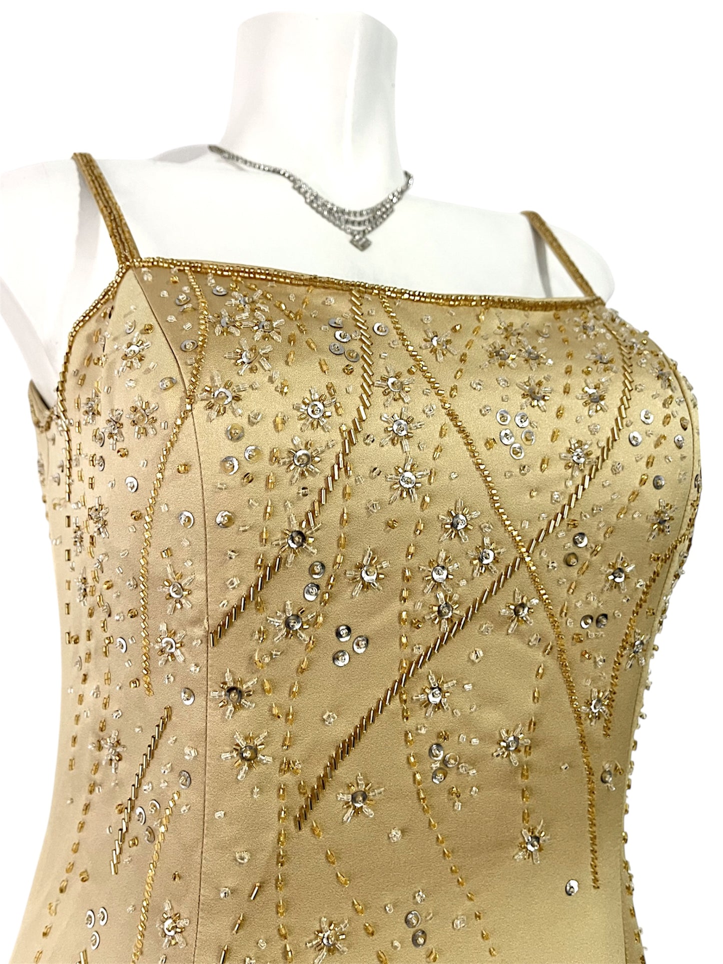 Champagne evening dress with exquisite handmade floral embroidery- size S