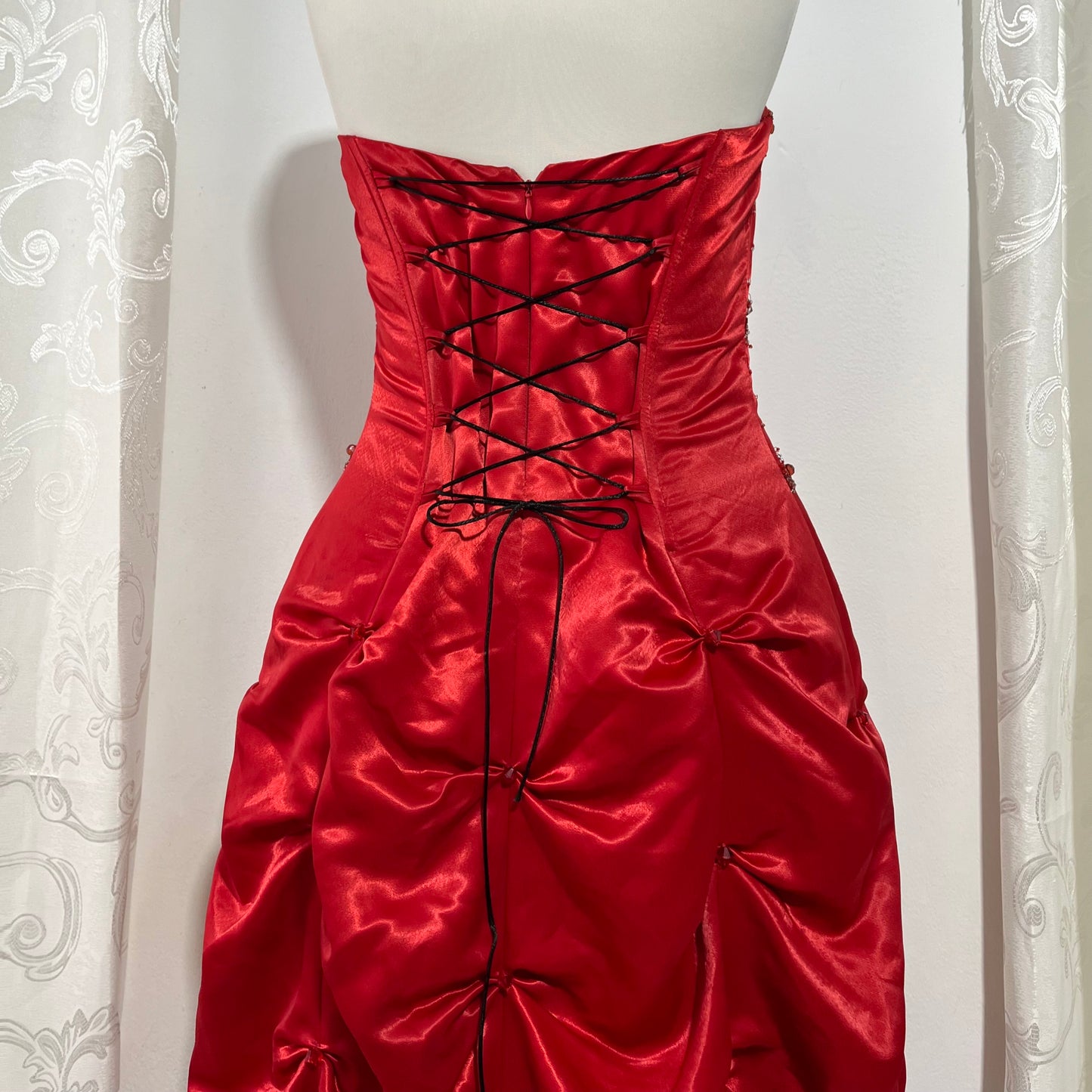 Red strapless corset evening gown with sequins and hand-sewn rhinestones- size M/L