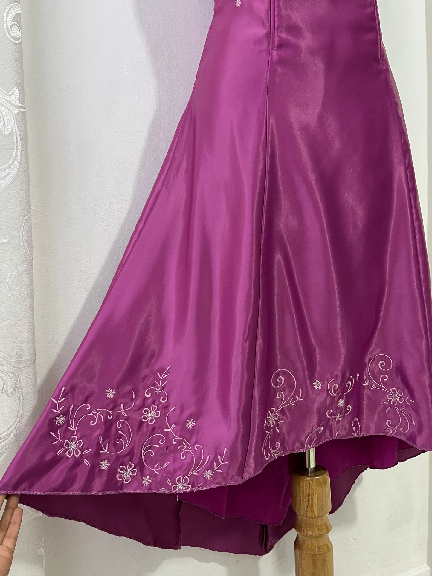 Magenta corset dress with floral designs embroidered in lilac and silver thread