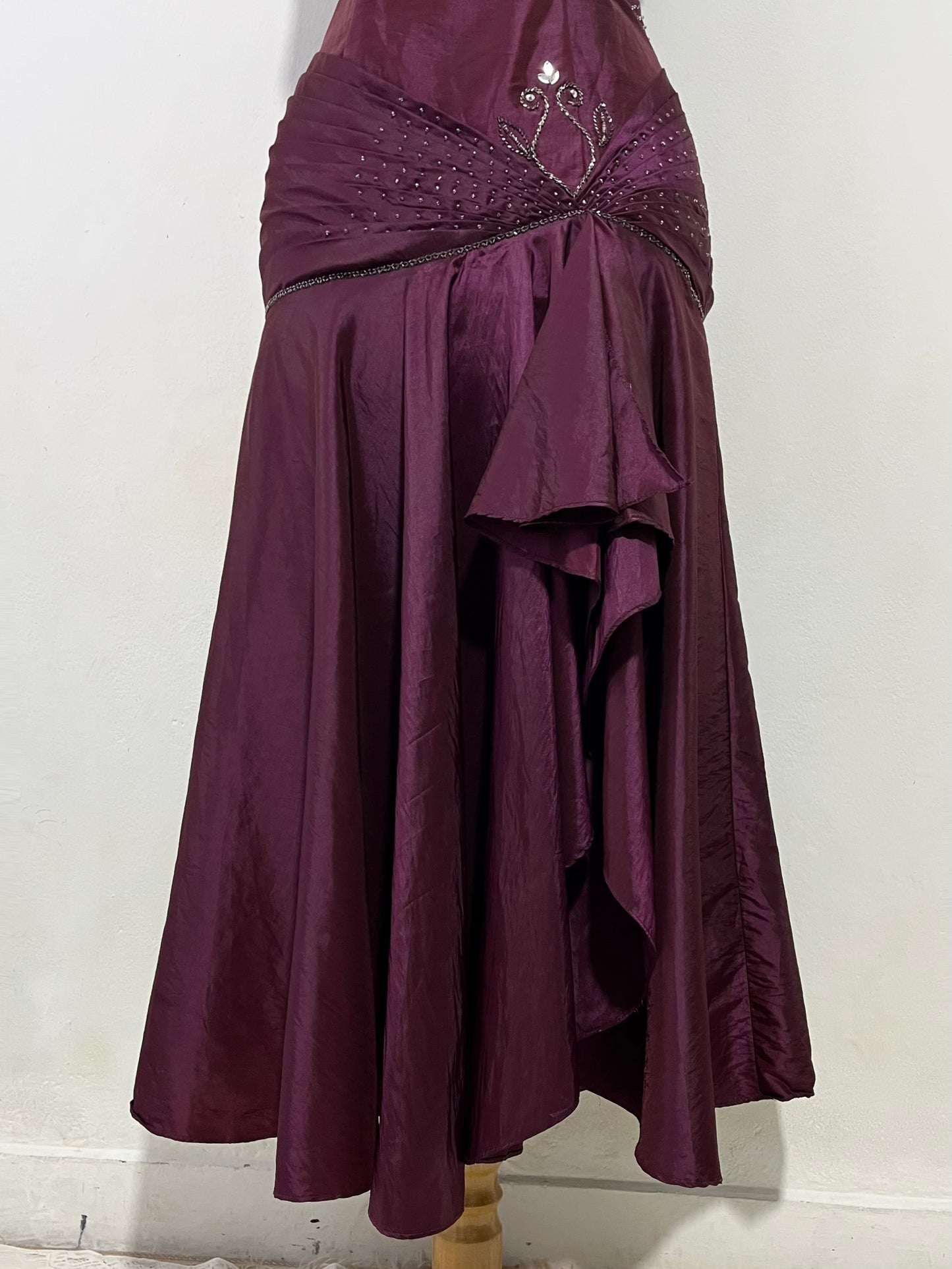 Iridescent wine purple taffeta corset dress with rhinestones and embroidered sequins- size M/L