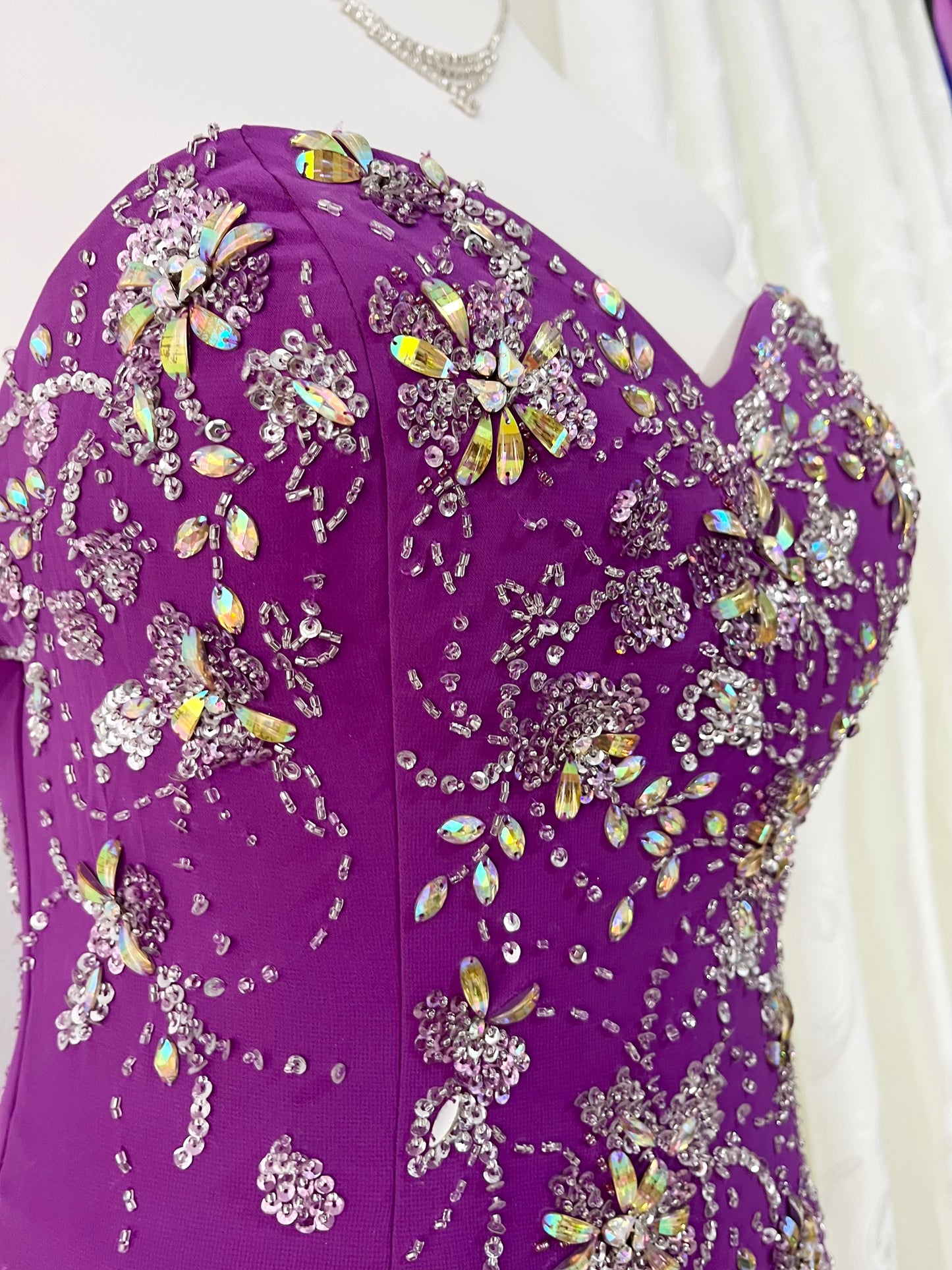 Amethyst purple dress with exquisite floral embroidery, rhinestones and embellishments-size S/M