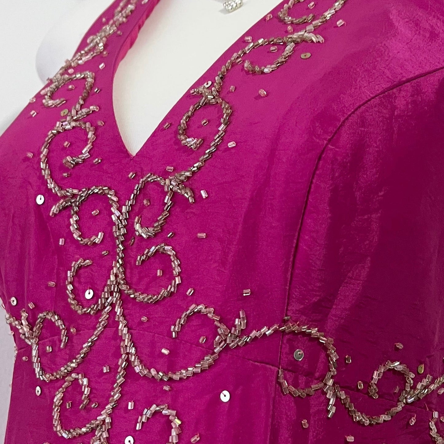 Fuchsia corset dress with exquisite hand sewn beadwork -Size M