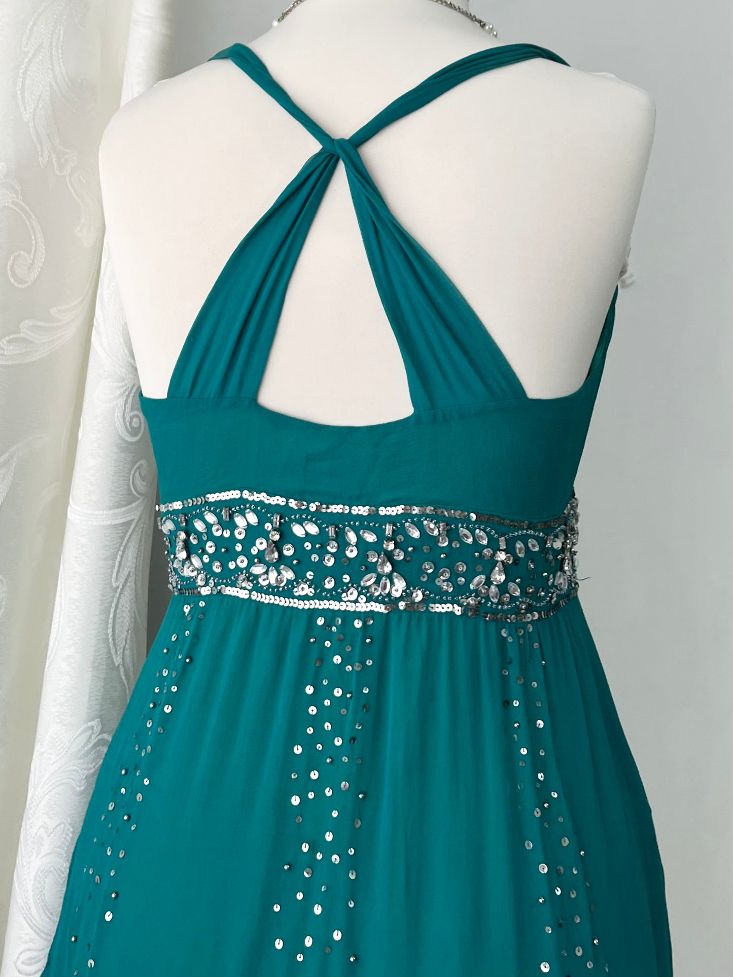 Teal silk dress with hand-embroidered sequins and rhinestones-one size: M
