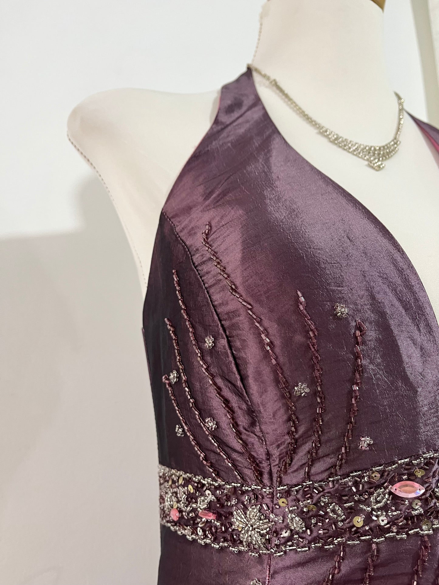 Iridescent taffeta purple corset dress with exquisite hand-embroidered sequins and rhinestones- size S