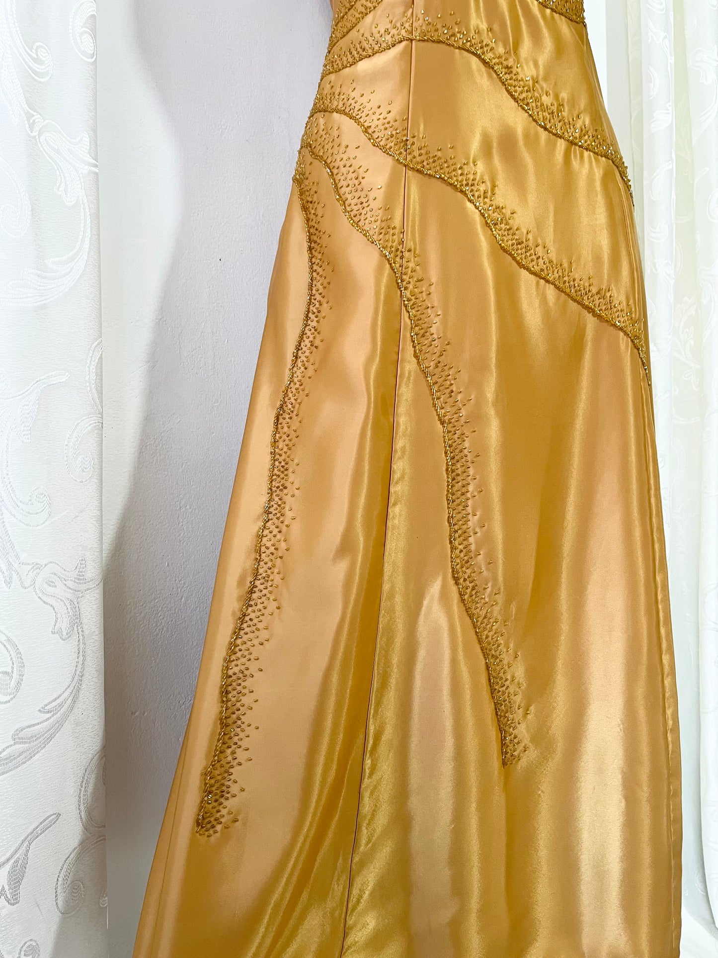 Honey yellow corset dress with hand embroidered rhinestones and beads-size L
