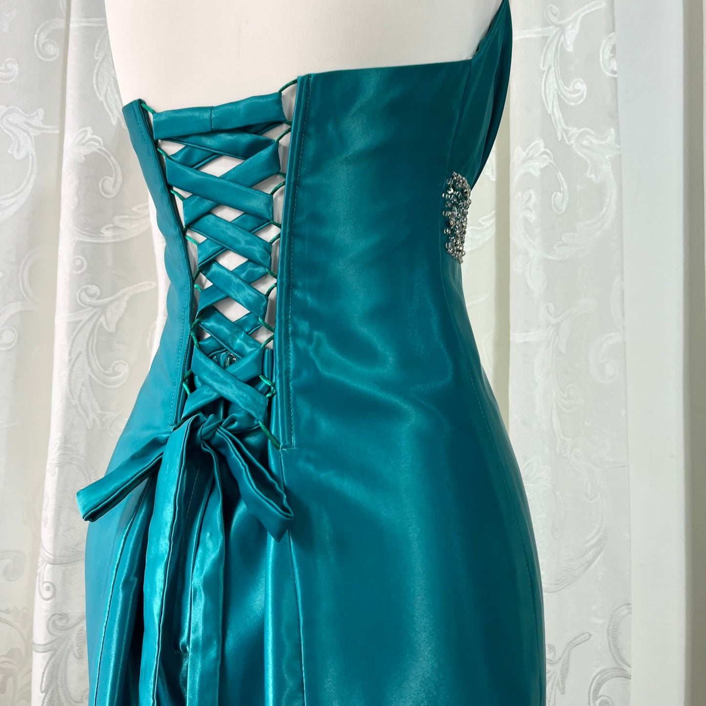 Teal satin beaded corset mini dress
