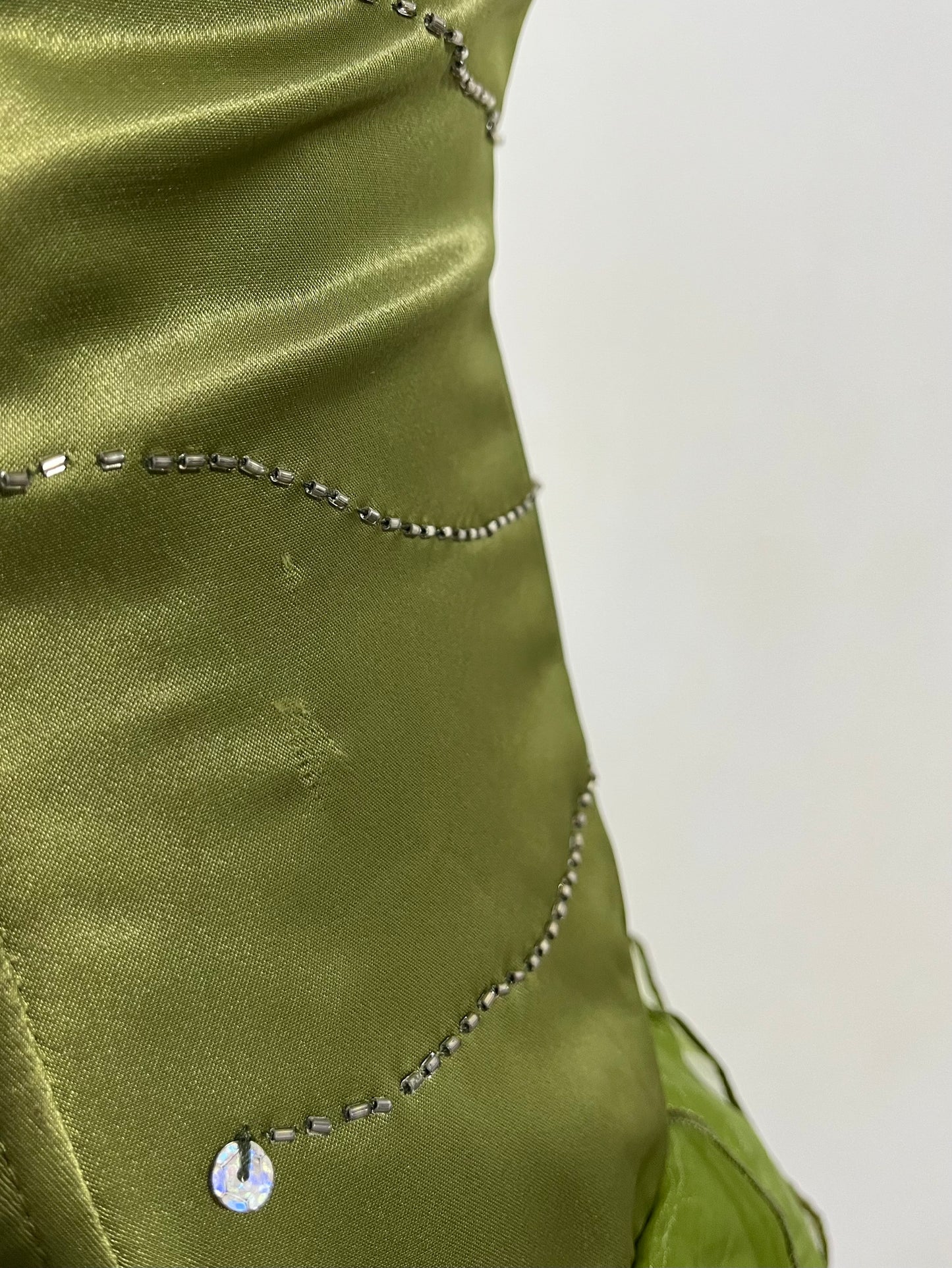 Olive green high-low corset dress with hand-embroidered rhinestones and ruffles- size S
