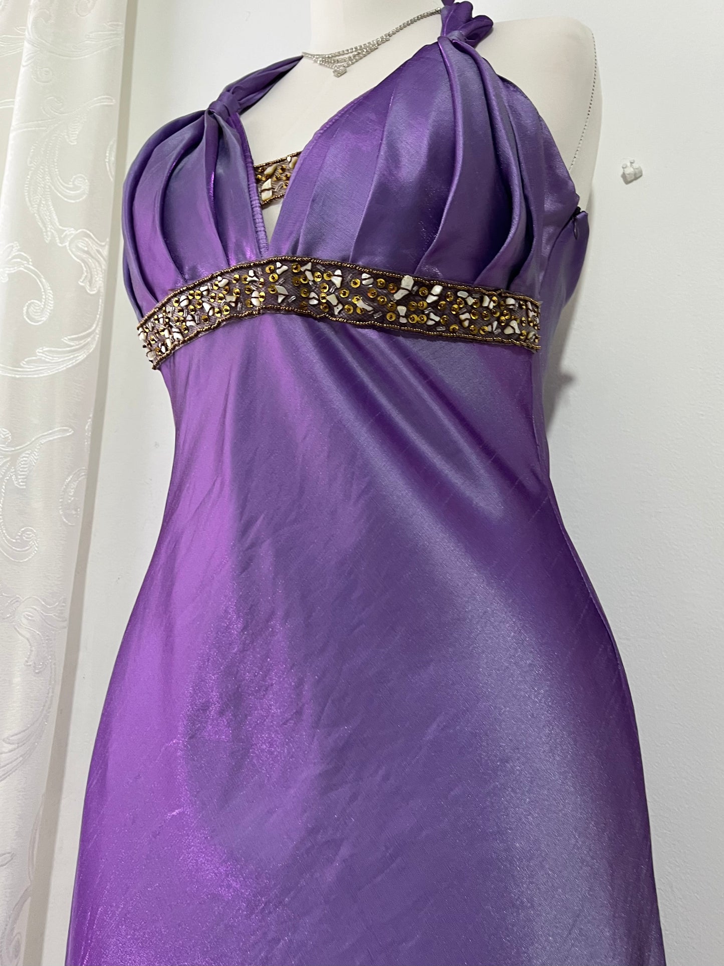 Iridescent purple gown with embellishments and hand embroidered rhinestones - Size M