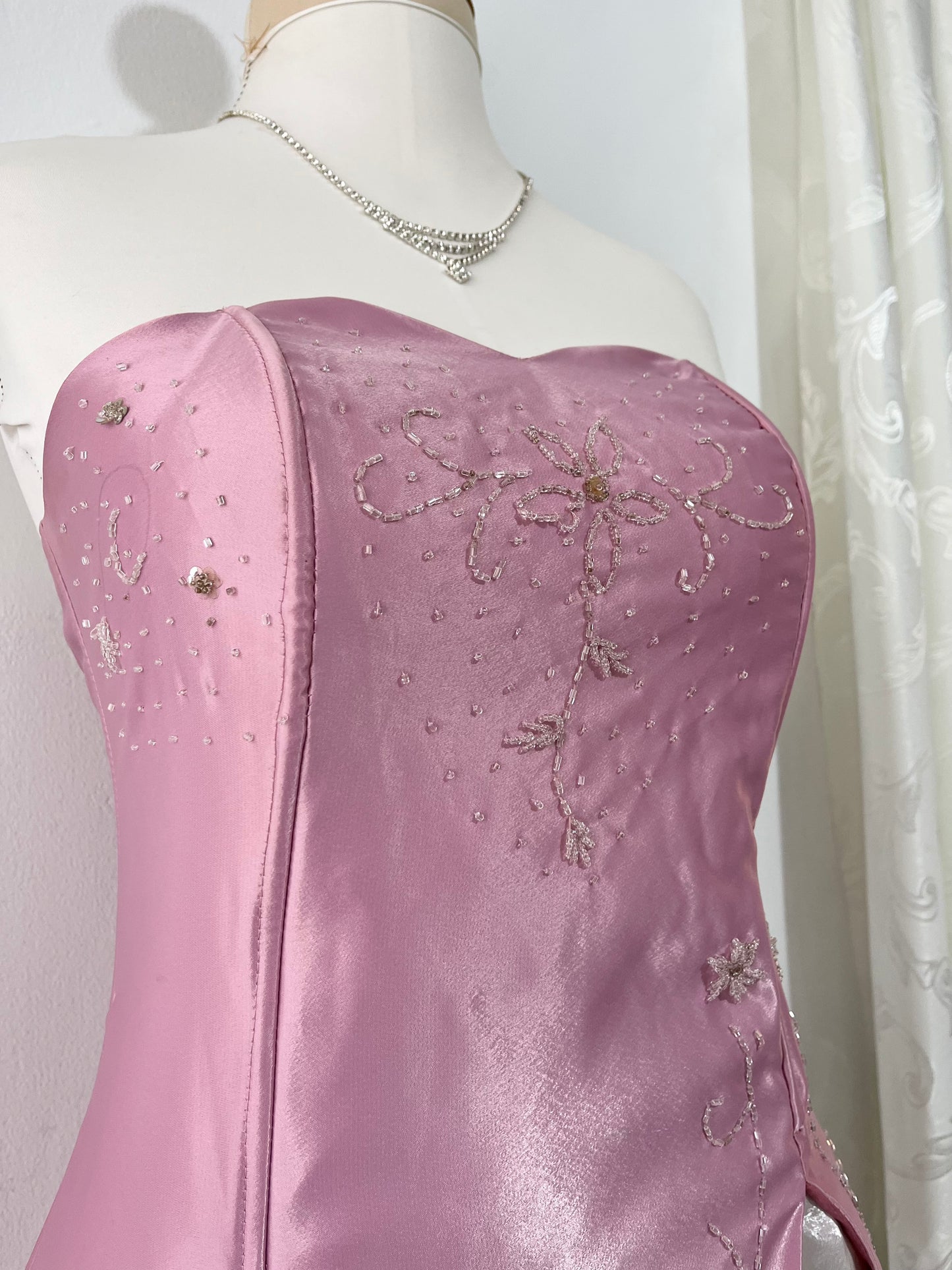 Mauve pink corset gown with sequin designs and hand-embroidered embellishments-size M