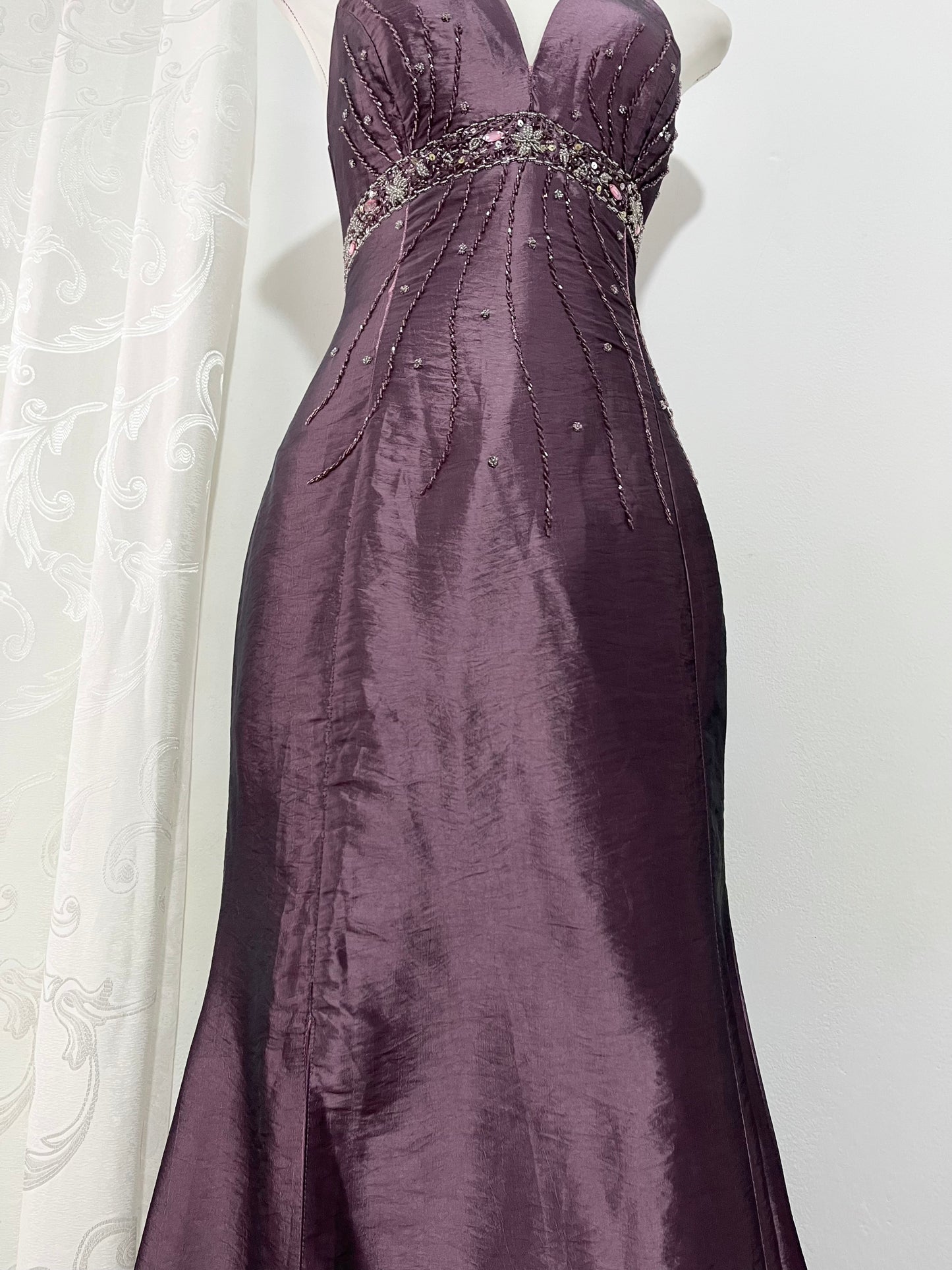 Iridescent taffeta purple corset dress with exquisite hand-embroidered sequins and rhinestones- size S