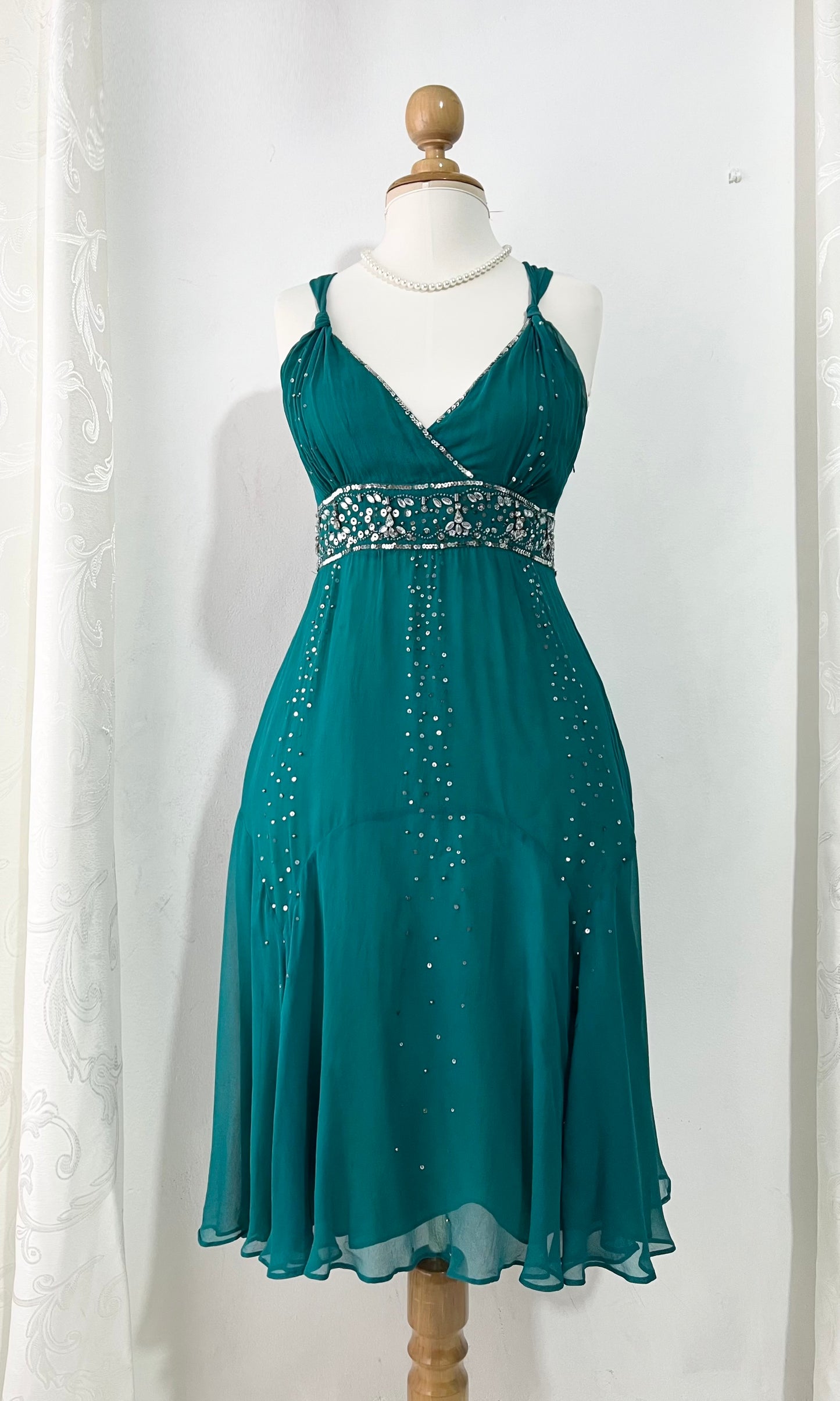 Teal silk dress with hand-embroidered sequins and rhinestones-one size: M