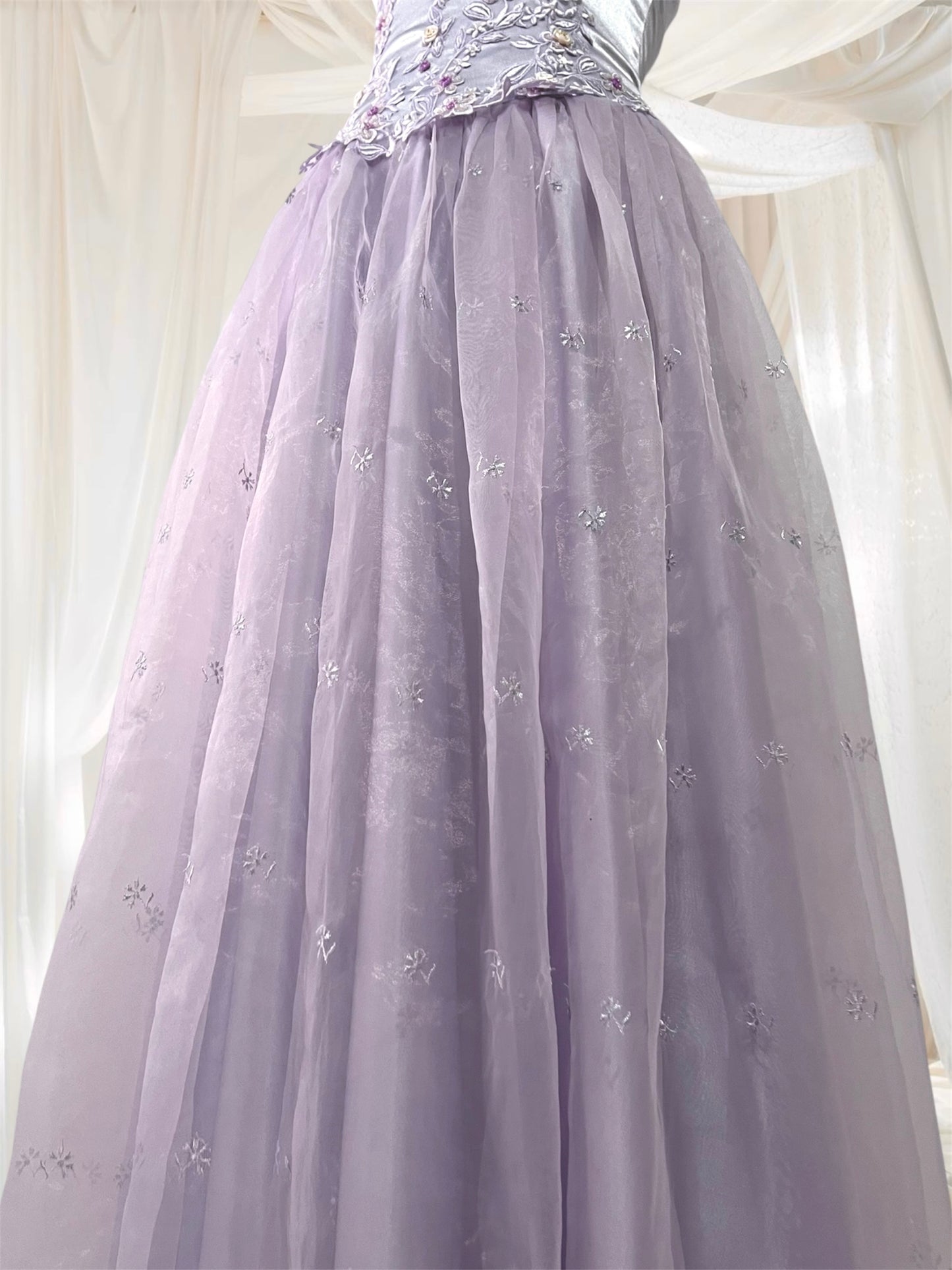 Lavender corset dress with floral embroidery