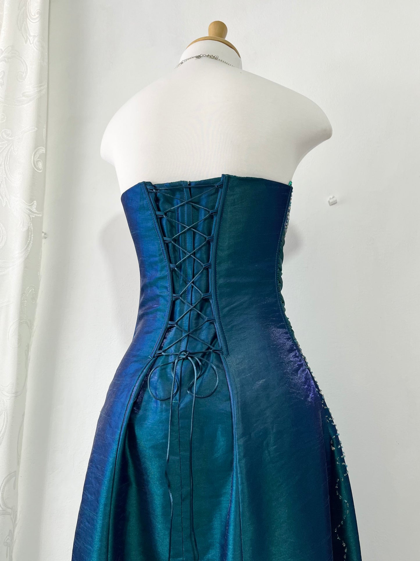 Iridescent teal corset dress with exquisite embellishments and hand-embroidered beads+ matching shawl