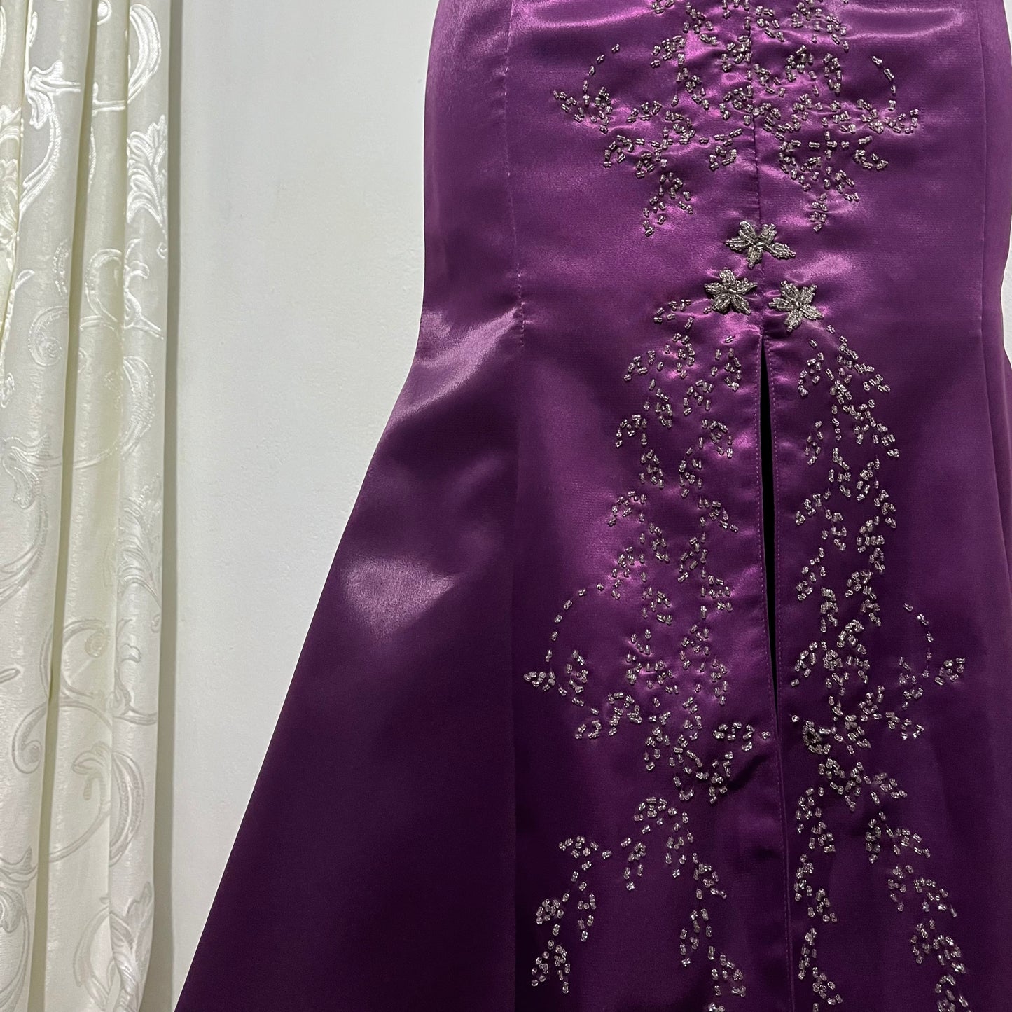 Corset evening dress in a vibrant purple color with exquisite handmade floral embroidery- size S