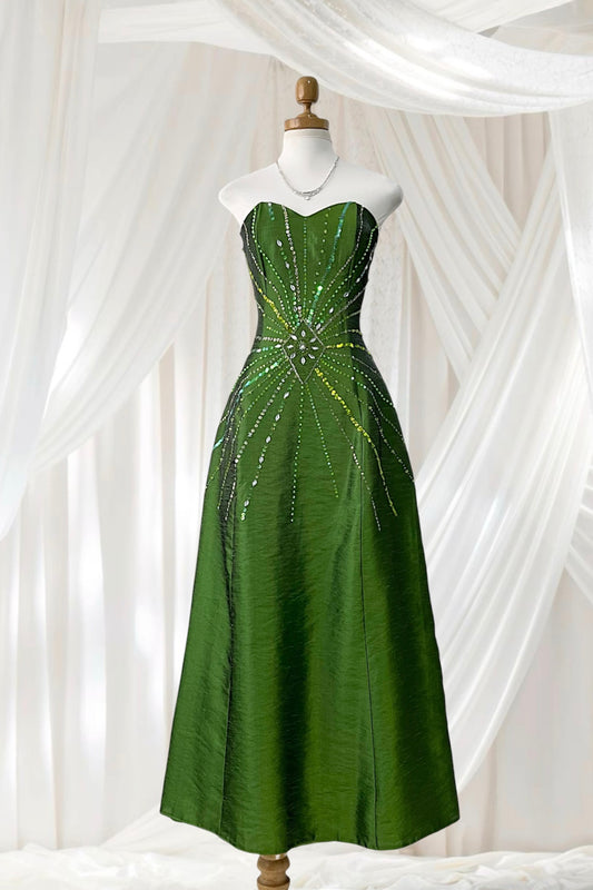Emerald green corset gown with rhinestones and hand-embroidered embellishments- size S