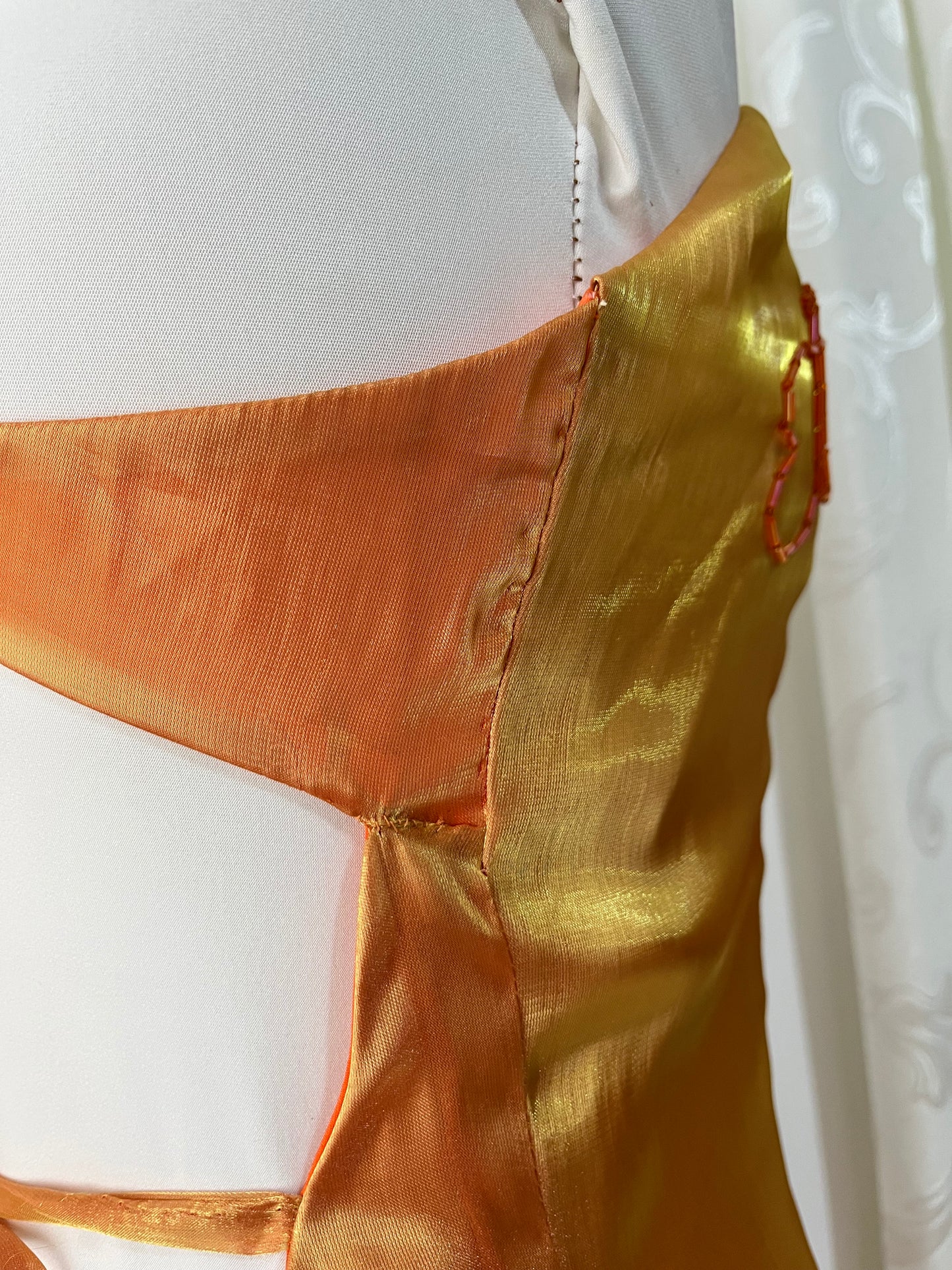 Gradient amber gown with asymmetrical overskirt and beaded embroidery-size S