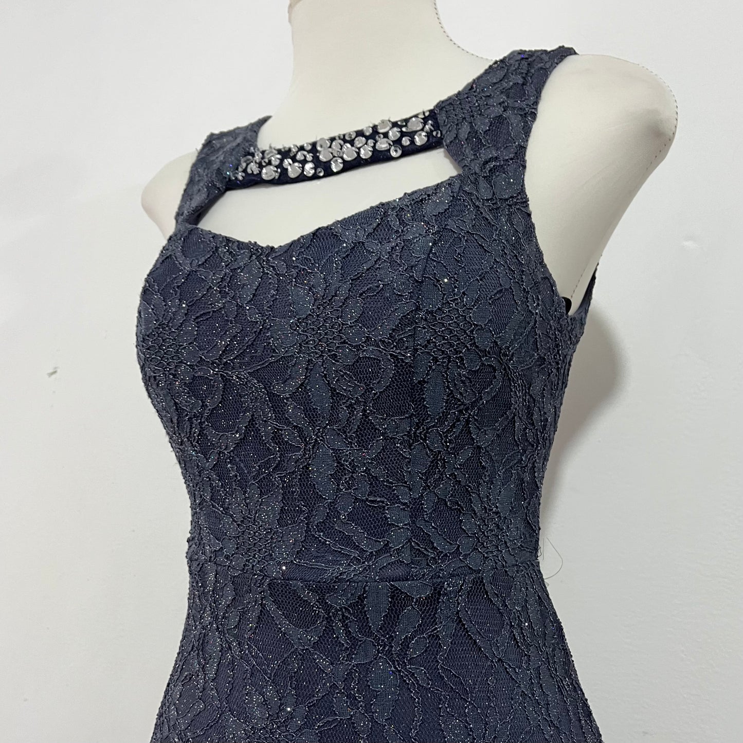 Lace maxi dress with silver appliqués, mermaid cut, beaded embroidery on the bodice, and a side slit- size S