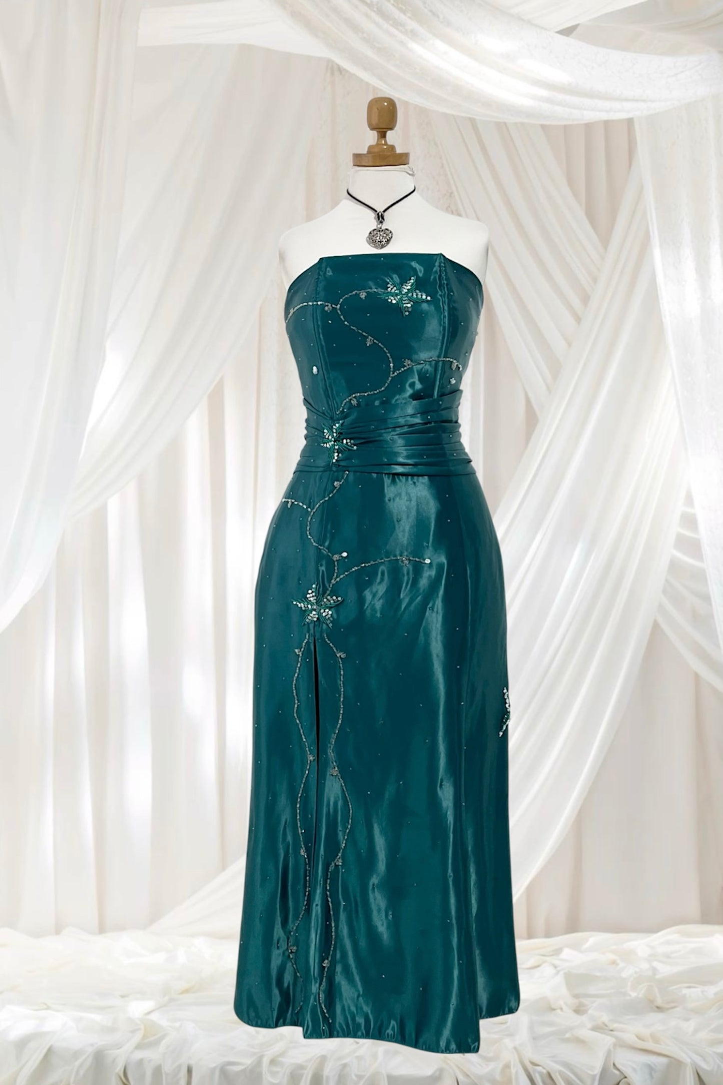 Emerald green corset dress with sequins and rhinestones- size M