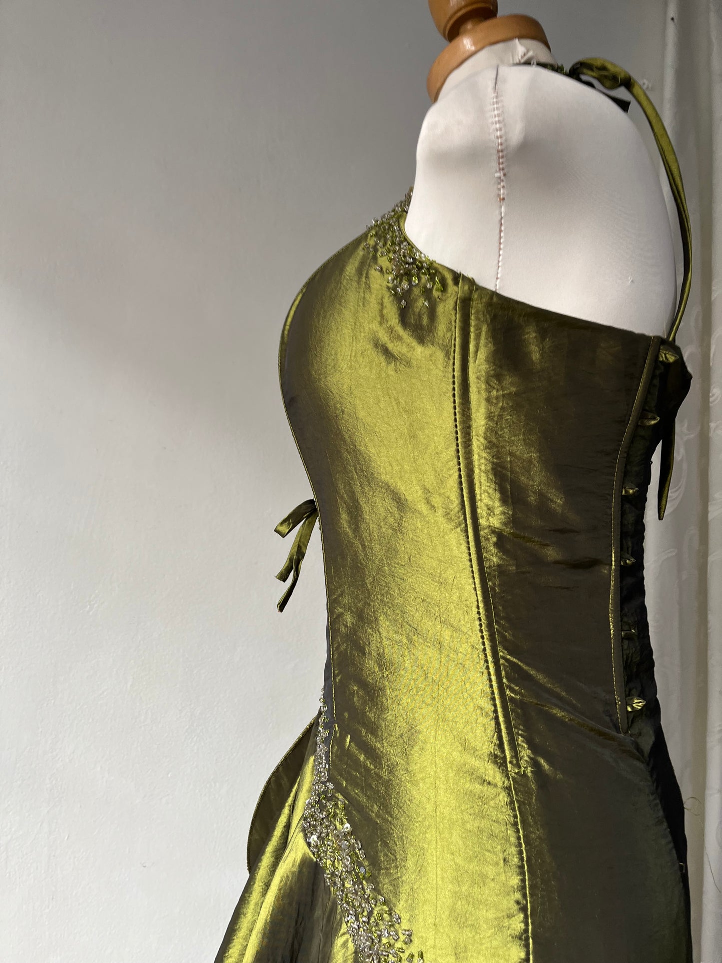 Iridescent taffeta green corset dress with exquisite hand embroidery of sequins and rhinestones- size S