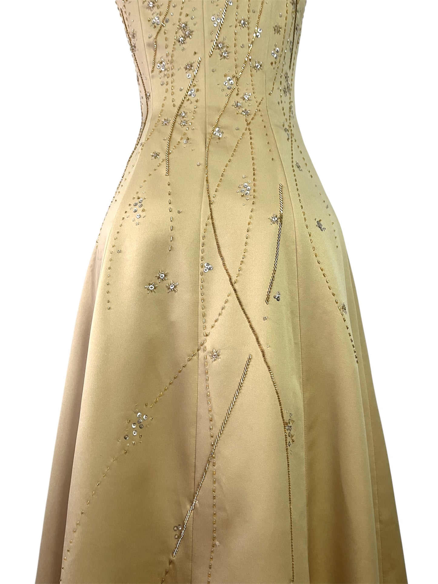 Champagne evening dress with exquisite handmade floral embroidery- size S