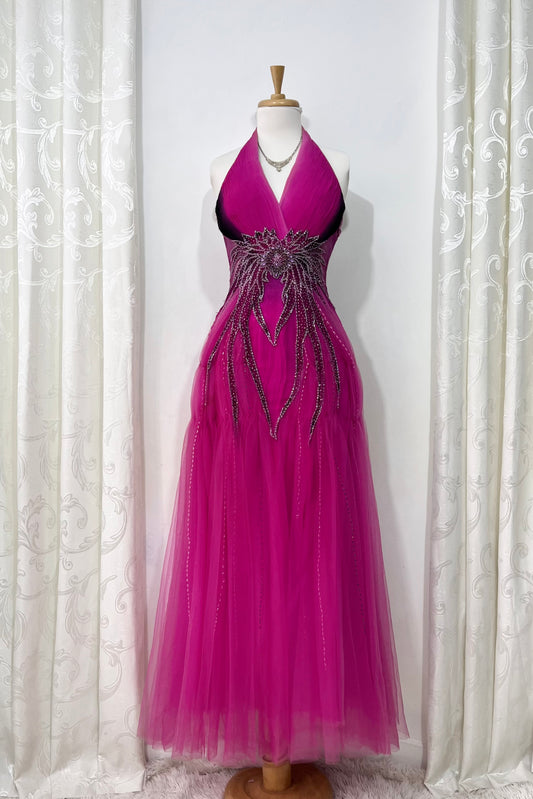 Captivating halter evening dress with fuchsia to dark violet gradient and rhinestone embroidery- size S