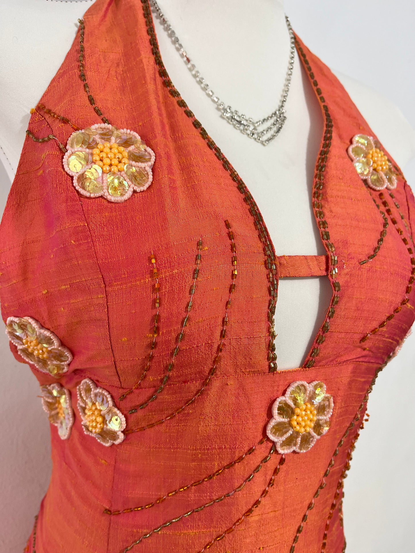 Vintage iridescent halter dress in silk shantung with rhinestone, sequin, and embellishment embroidery- size XS