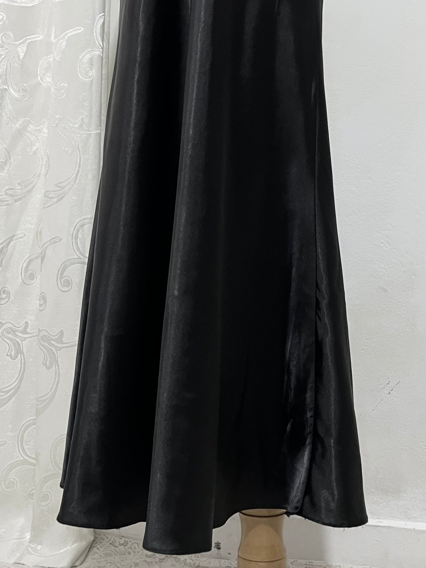 Noir silk satin dress with silver appliqués