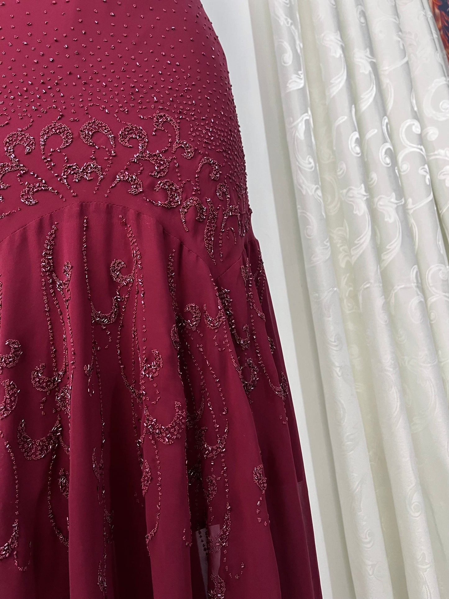 Burgundy gown dress with intricate designs and embroidery on the bodice and skirt - Size XL