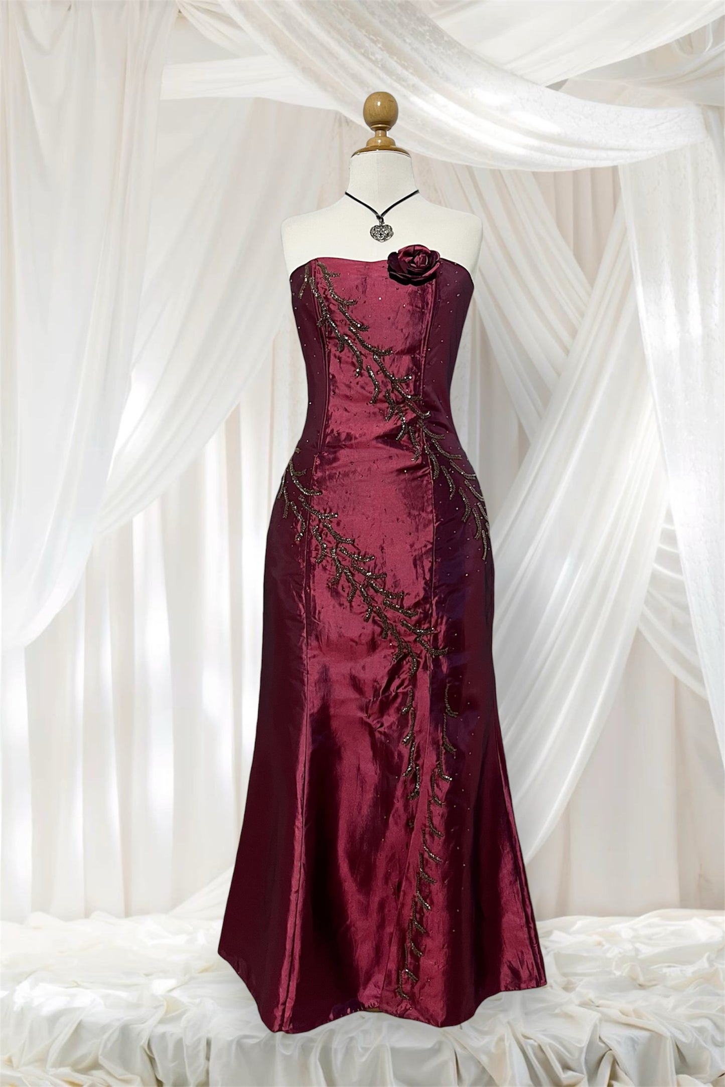 Iridescent burgundy corset dress with exquisite hand embroidery of sequins and rhinestones- size M