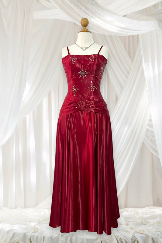 Crimson red gown with corset and hand-embroidered embellishments- size M