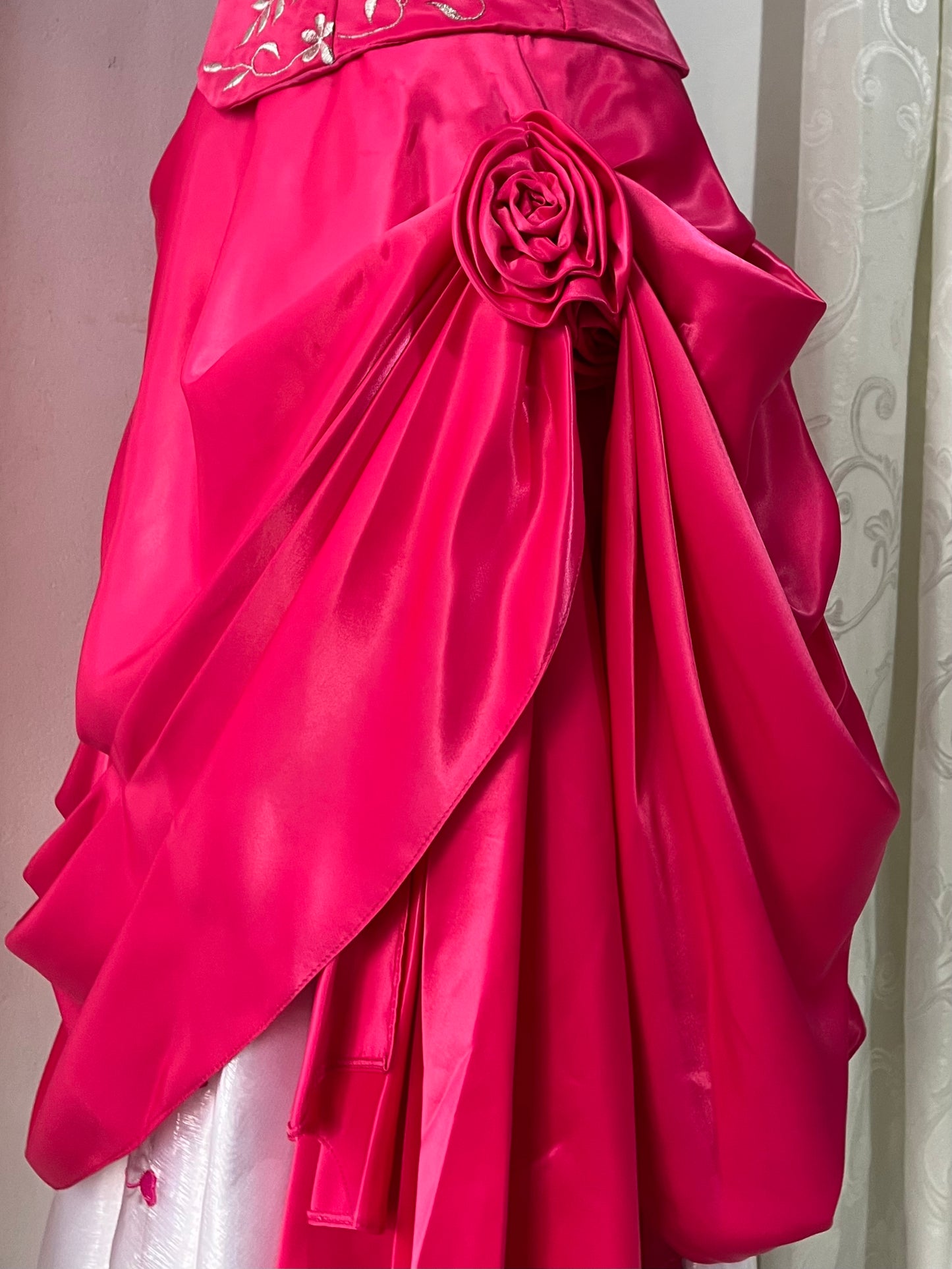 Fuchsia corset princess dress with floral embroidery, satin silk skirt with pearly chiffon lining- size XS