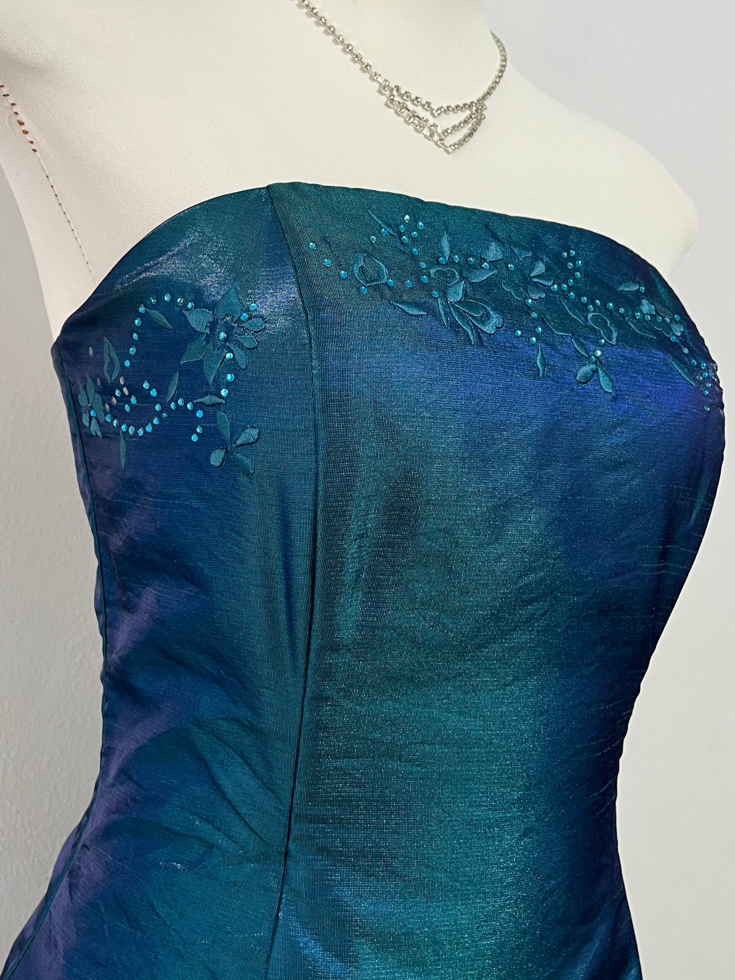 Teal corset dress in iridescent taffeta with floral appliqués and embroidery- size S